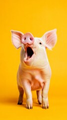 Enthusiastic Pink Piglet on Vibrant Yellow Background