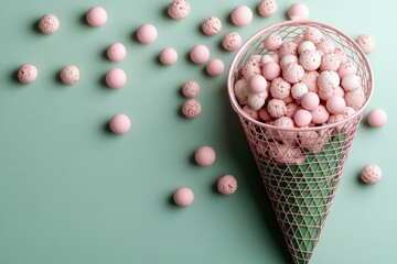 A creative arrangement of pastel pink balls fill a pink wireframe cone scattered on a soothing...