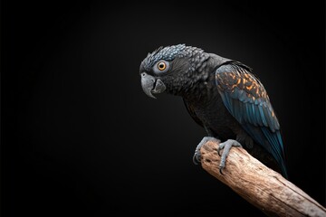 Obraz premium A stunning dark-feathered parrot, accentuated with orange highlights, perch comfortably on a wooden branch, offering a contemplative and artistic visual.