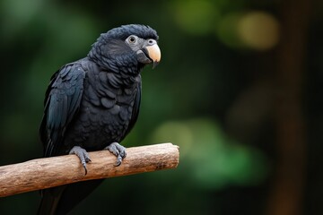 Fototapeta premium A striking black parrot is perched serenely on a branch against a vibrant, lush background, showcasing the beauty and elegance of nature's creatures.