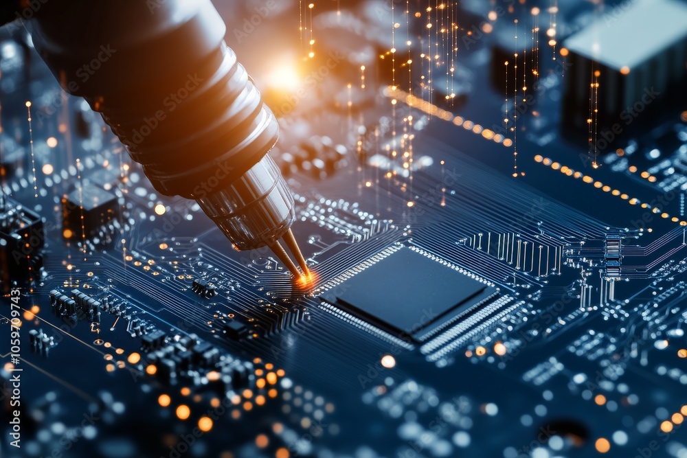 Poster a close-up view of a robotic mechanism intricately working on a microchip, highlighting precision en