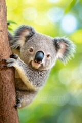 Fototapeta premium A Playful Koala Climbs Effortlessly on a Tree Branch in a Vibrant Australian Eucalyptus Forest