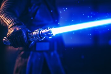 A man grips a bright blue lightsaber, showcasing power and creativity in a dynamic action pose in a dimly lit environment