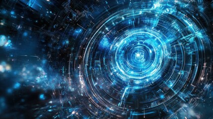 Obraz premium Abstract digital background with concentric rings of blue light and a glowing center.