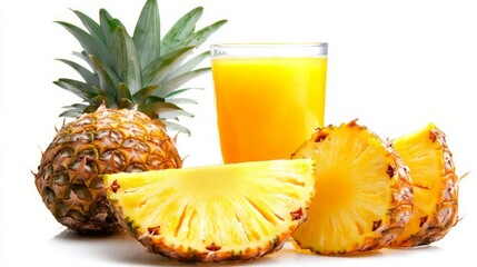 Fresh Pineapple and Juice on White Background