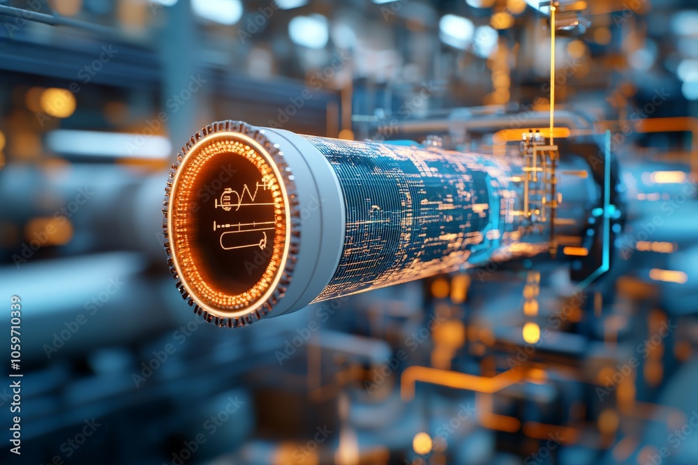 Poster a futuristic pipeline embedded with digital circuitry and technological visuals, conceptually blendi