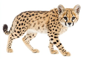 Fototapeta premium A Graceful Serval Prowls Through the Sahara Desert, Showcasing Its Speckled Coat and Elegance