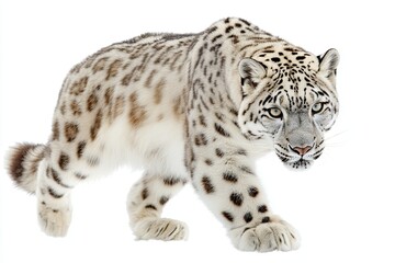 Obraz premium A Majestic Siberian Snow Leopard Gracefully Prowls in Side View Against a Transparent Backdrop