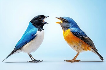 Fototapeta premium Melodious Duet of Colorful Singing Birds Captured on a Serene Backdrop
