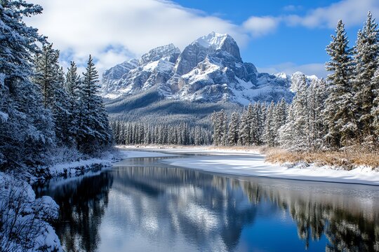Reflets spectaculaires des montagnes dans un lac gel&eacute; au coeur des Rocheuses canadiennes.