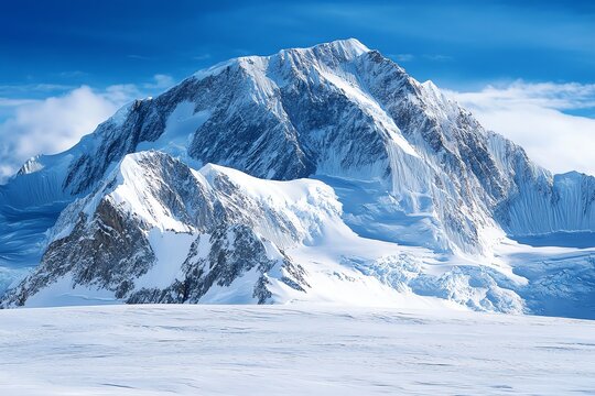 Vue a&eacute;rienne du Mont Vinson en Antarctique avec ses glaciers et ar&ecirc;tes enneig&eacute;es.