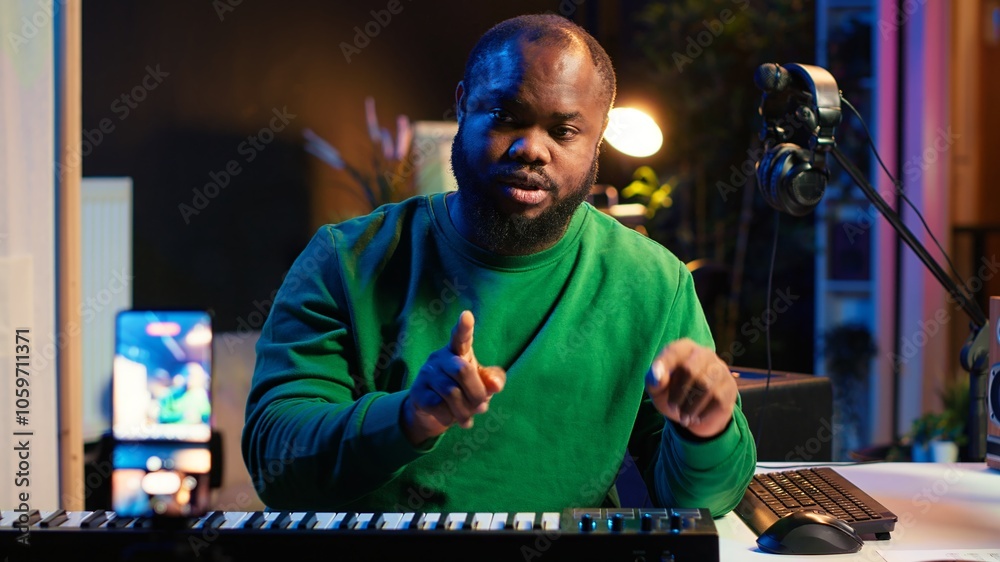 Poster Famous piano teacher conducting internet master class via vlog tutorial, teaching people how to hit the right notes on electronic keyboard. Young artist performer hosts synthesizer lessons. Camera A.