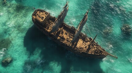 Aerial View of a Historic Pirate Ship Surrounded by Turquoise Waters