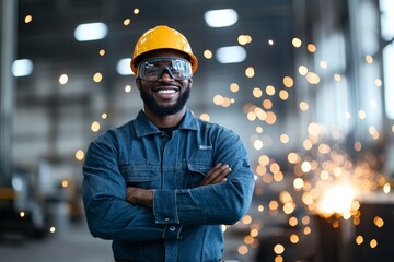 A cheerful worker in a safety helmet smiles confidently as they stand in a vibrant factory setting with bright sparks in the background, full of optimism.