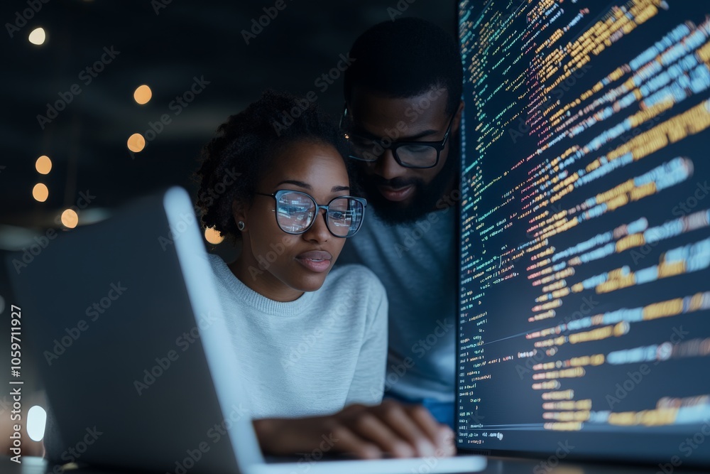 Poster a focused duo works on programming together in a dark-lit space, reflecting concentration and teamwo