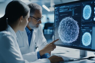 Two scientists in lab coats examine research findings displayed on a digital interface, emphasizing innovation, data analysis, and technological advancement.