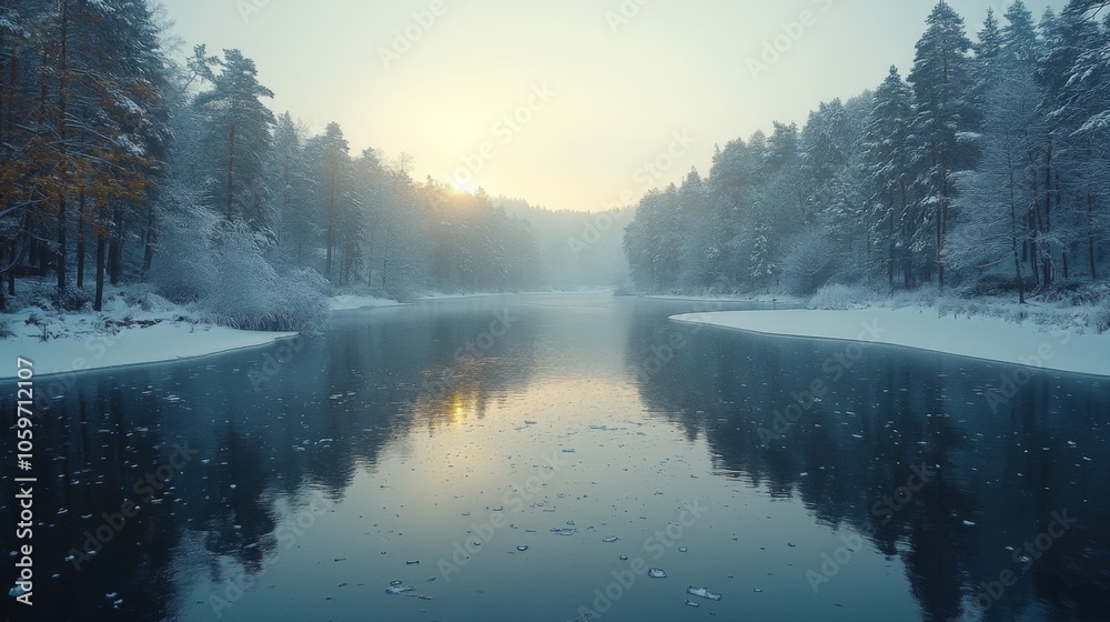 Poster morning light breaks through a foggy winter sky, illuminating a still lake. snow-laden trees reflect