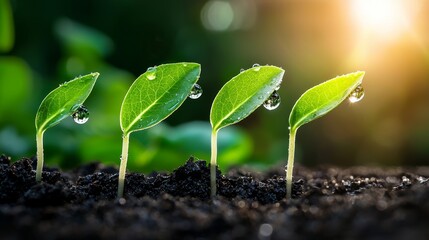 Tiny seedlings with dew on their leaves, growing in fertile soil, blurred nature background, soft sunlight, fresh start, eco-friendly agriculture, natural beauty