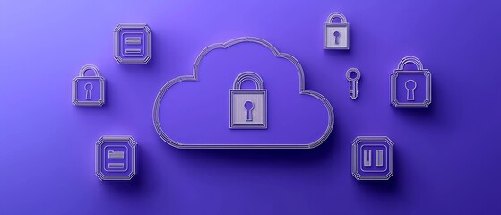 Fototapeta premium Creative Papercut Illustration of a Secure Cloud Surrounded by Locks and Keys in a Vibrant Style