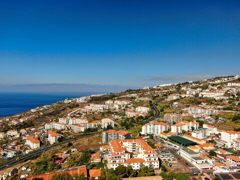 Panoramic view of the city of Canico, Madeira, the expressway on a sunny day