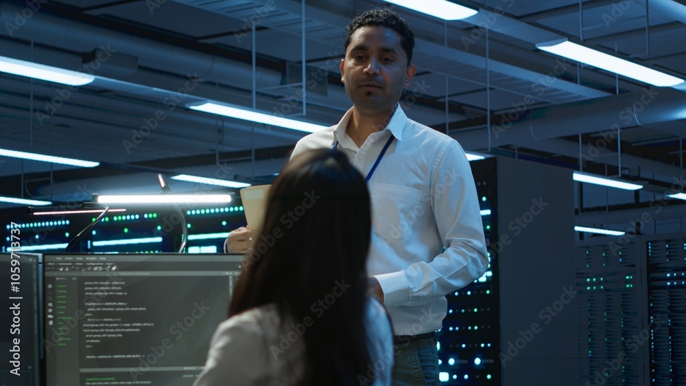 Poster team of researchers in data center monitoring security threats using pc, implementing cybersecurity 