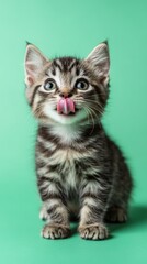 Obraz premium Playful Tabby Kitten Licking Its Lips Against a Green Background