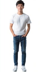 Obraz premium Casual Young Man in White T-Shirt and Jeans, Standing with Hands in Pockets