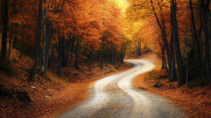 Obraz premium High angle view of a road through an autumn forest 