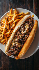 Philly cheesesteak sandwich is lying on a white plate with a side of french fries