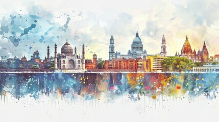 Fototapeta premium Watercolor Painting of a City Skyline with Iconic Architectural Structures