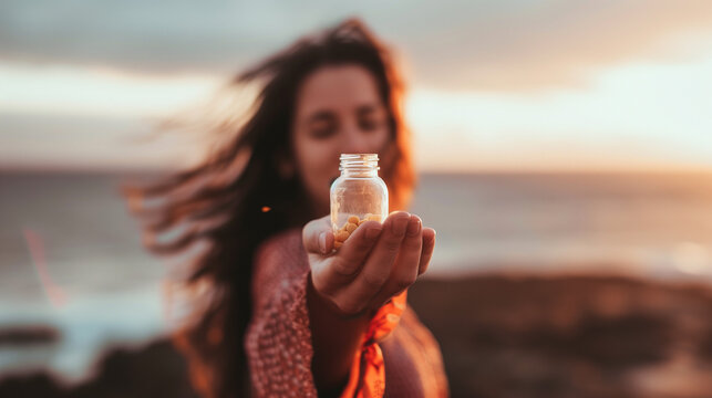 Person holding small empty pill bottle with hopeful expression, symbolizing placebo effect and emotional response to medical treatment.