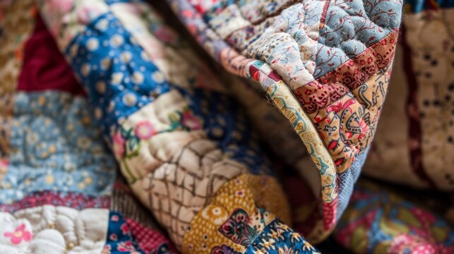 A closeup of a handstitched quilt featuring a patchwork of different fabrics and patterns.