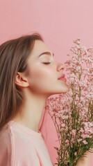 Naklejka premium Young Woman with Flowers Against a Pink Background