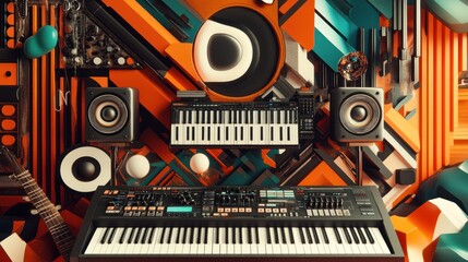 Obraz premium A modern music studio setup with a keyboard, speakers and a guitar, set against a colorful geometric background.