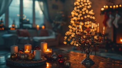 Cozy and inviting Christmas scene with a fireplace decorated with candles ornaments and string lights creating a warm and festive atmosphere perfect for holiday