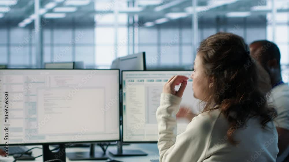 Poster system admin working in computer network security data center, ensuring optimal performance. worker 