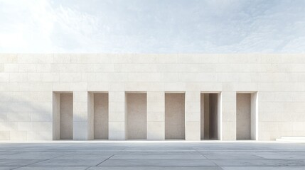 Clean white stone facade with modern rectangular windows, blank sky