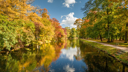 Aerial view to autumn river Brda in Bydgoszcz, Poland