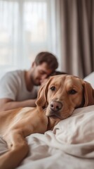 Relaxing Moment Between Man and Dog on a Bed