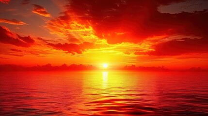 Fototapeta premium A fiery sunset over a calm sea.