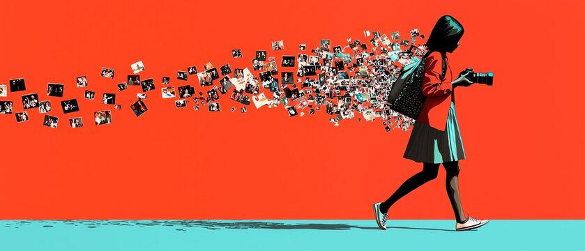 A woman walking with a camera, colorful background, capturing memories visually.