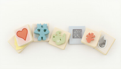 "A selection of educational tools like blocks and cards on a white background, promoting learning and skill development."
