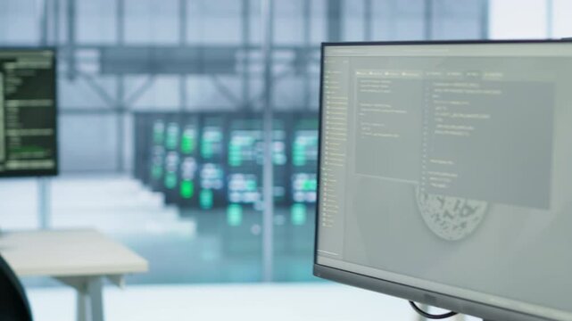 Interlinked computers in data center creating server network, using parallel computing to perform complex calculations and process large amounts of data, handheld camera shot