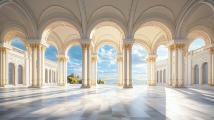 Fototapeta premium Elegant colonial architecture with arches and pillars, sky copy space