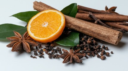 Fototapeta premium Cozy winter drink ingredients flat lay featuring orange and spices for holiday warmth
