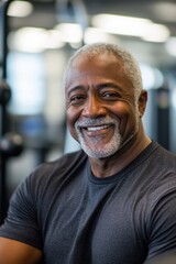 Obraz premium Happy african american old man in sportswear at gym. active lifestyle and vitality, senior activity, leisure. fitness workout, health and wellness