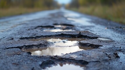 Potholes and Reflection on Damaged Asphalt Road