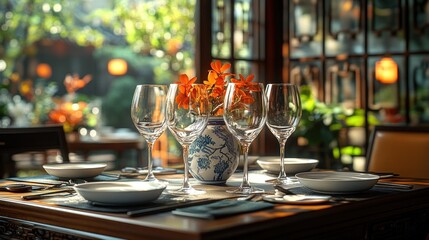 A table set for a meal in a restaurant with four wine glasses and a vase of flowers.