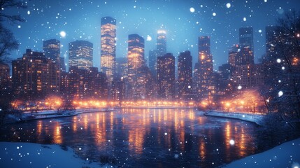 Fototapeta premium Snow gently falls on a vibrant city skyline at dusk, reflecting off a river. The lights from towering buildings create a warm glow against the cold.