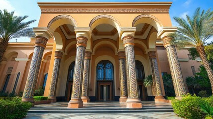 Obraz premium Grand entrance of a UAE mosque with tall columns, ample room for text